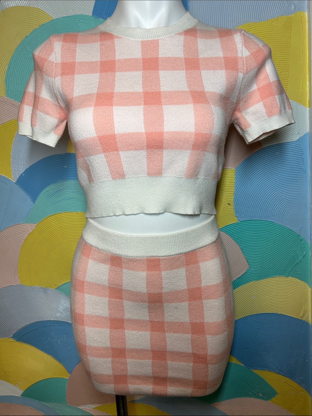 m.n.i Los Angeles Plaid Knit Crop Top & Skirt Set - Pink and White sz S